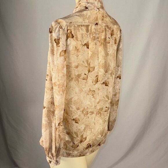 Vintage Tan Cream Sheer Nylon Blend Floral Leaf Button Down Blouse Size 12 - Picture 6 of 10